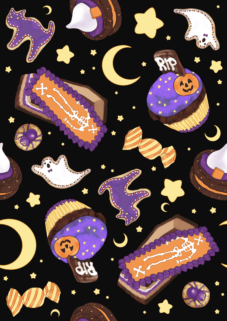 Playful Halloween pattern featuring ghosts, moons, cupcakes, and cookies on a black background.