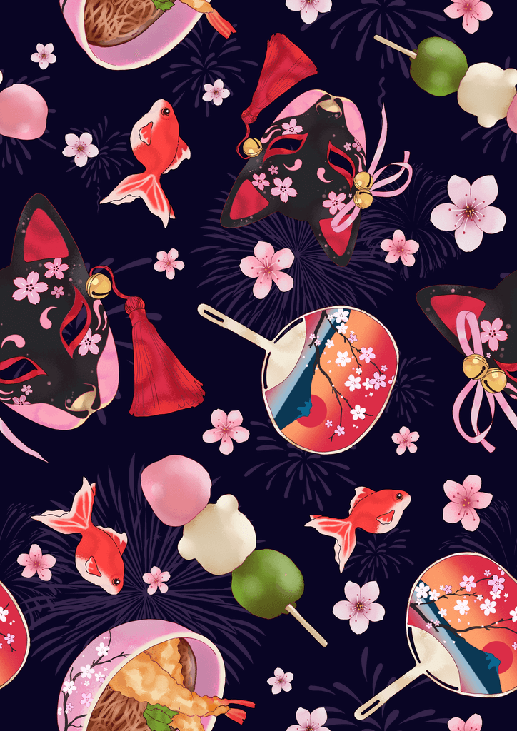 Colorful Japanese-inspired pattern with fish, cat faces, cherry blossoms, and traditional sweets on dark background.