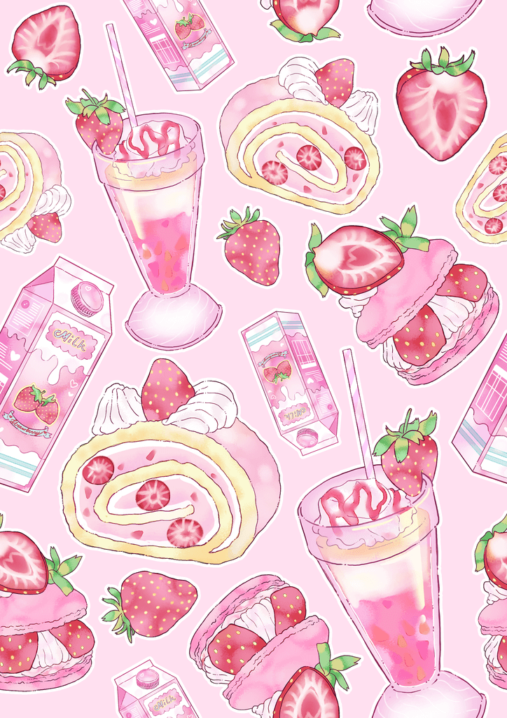 Colorful illustrations of strawberry desserts and drinks on a pink background, perfect for a sweet-themed design.