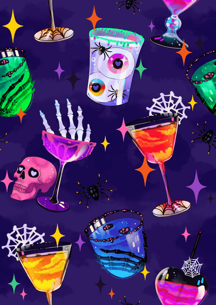 Colorful Halloween drinks and spooky elements on a purple background, featuring skeletons, spiders, and stars.