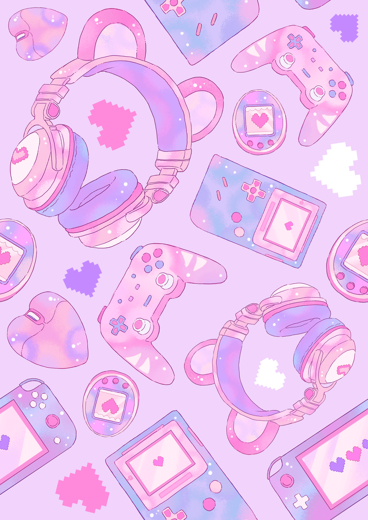 Colorful pastel gaming pattern featuring headphones, controllers, and retro consoles on a lilac background.