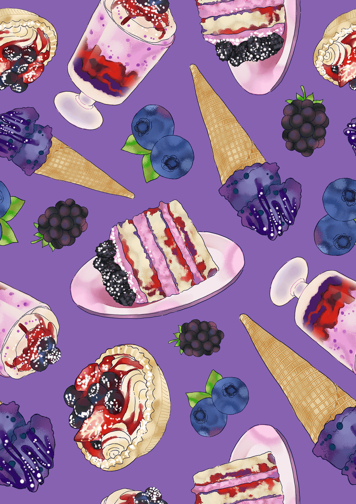 Colorful pattern of desserts with cakes, ice cream cones, and berries on a purple background.