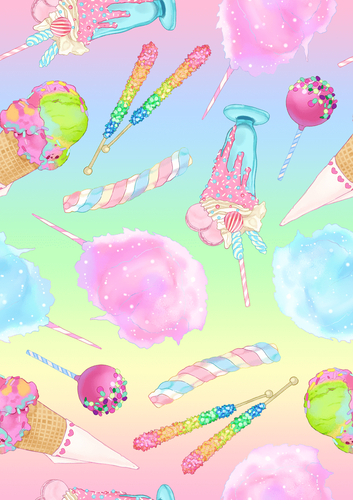 Colorful illustration of ice cream, cotton candy, and sweets on a pastel background, perfect for summer vibes.