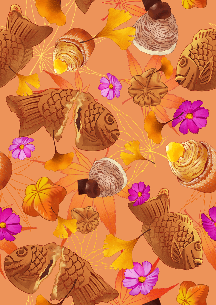 Colorful autumn pattern with fish-shaped pastries, flowers, and leaves on an orange background.
