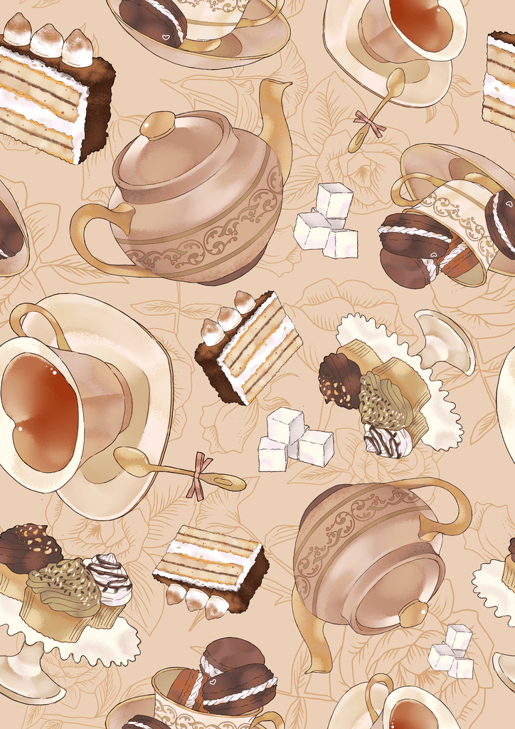 Charming pattern featuring teacups, a teapot, and an array of delectable desserts and cakes.