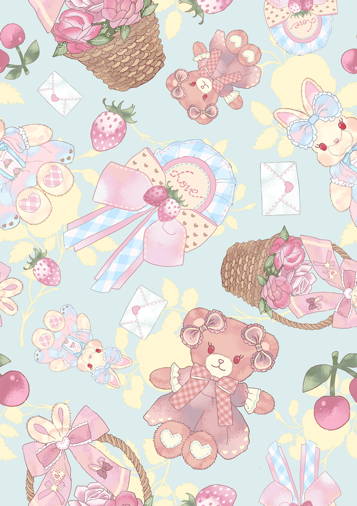 Cute pastel pattern featuring teddy bears, flowers, envelopes, and ribbons, perfect for sweet designs.