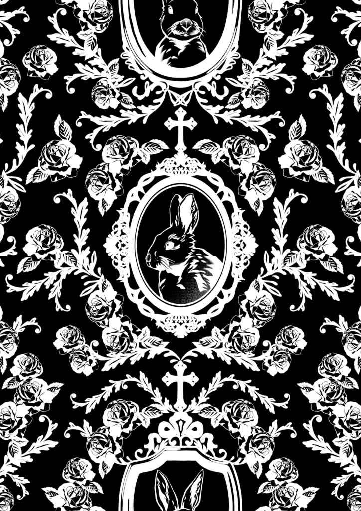 Elegant black and white floral pattern featuring rabbit silhouettes in ornate frames, perfect for vintage designs.