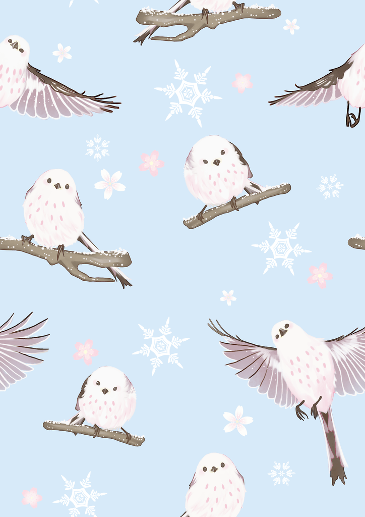 Cute pastel pattern featuring birds on branches with flowers and snowflakes on a soft blue background.