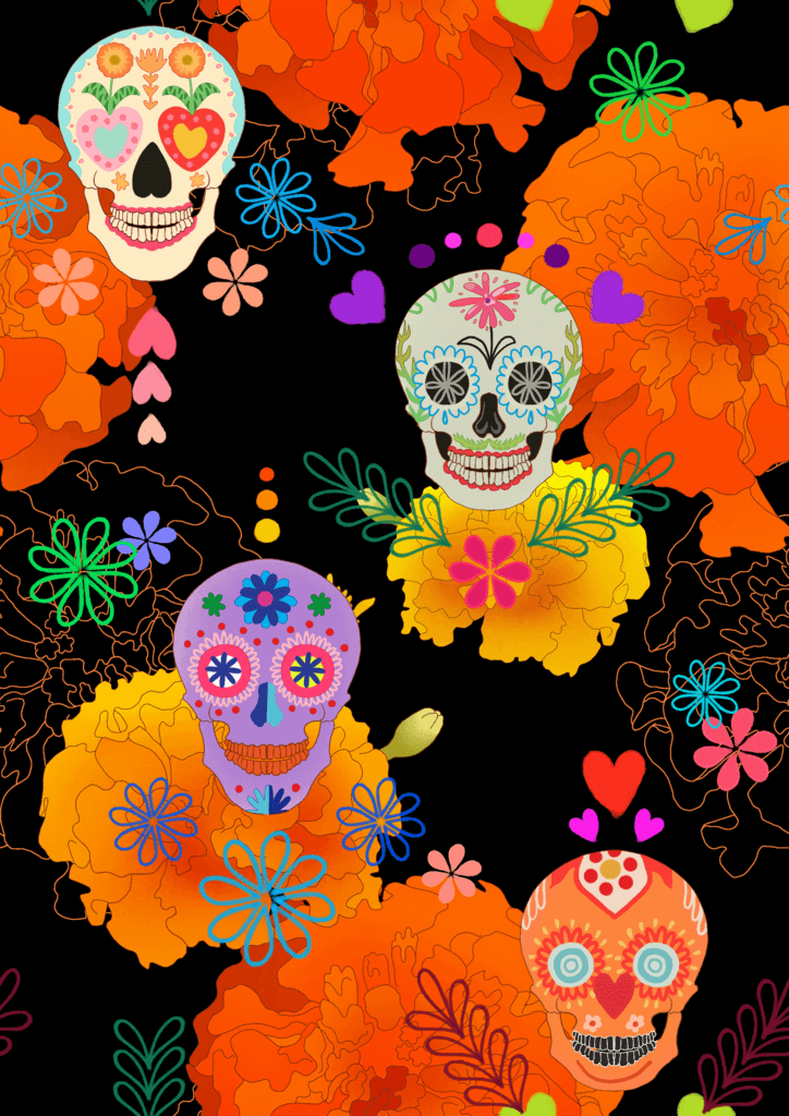 Colorful sugar skulls surrounded by vibrant flowers, celebrating Day of the Dead with a lively design.