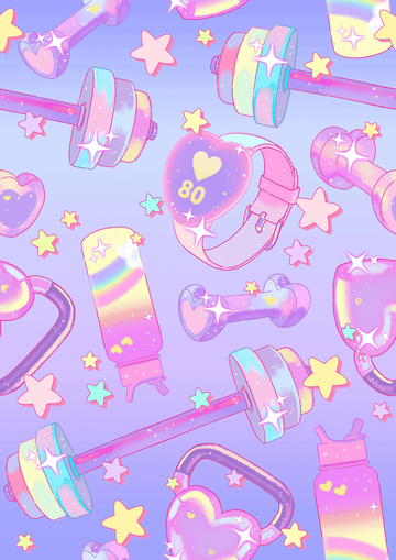 Colorful workout-themed pattern with pastel dumbbells, weights, and stars on a vibrant background.