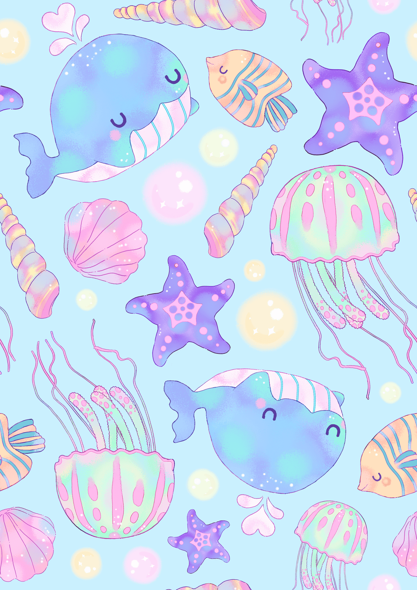 Colorful underwater pattern featuring cute whales, jellyfish, starfish, seashells, and fish on a soft blue background.