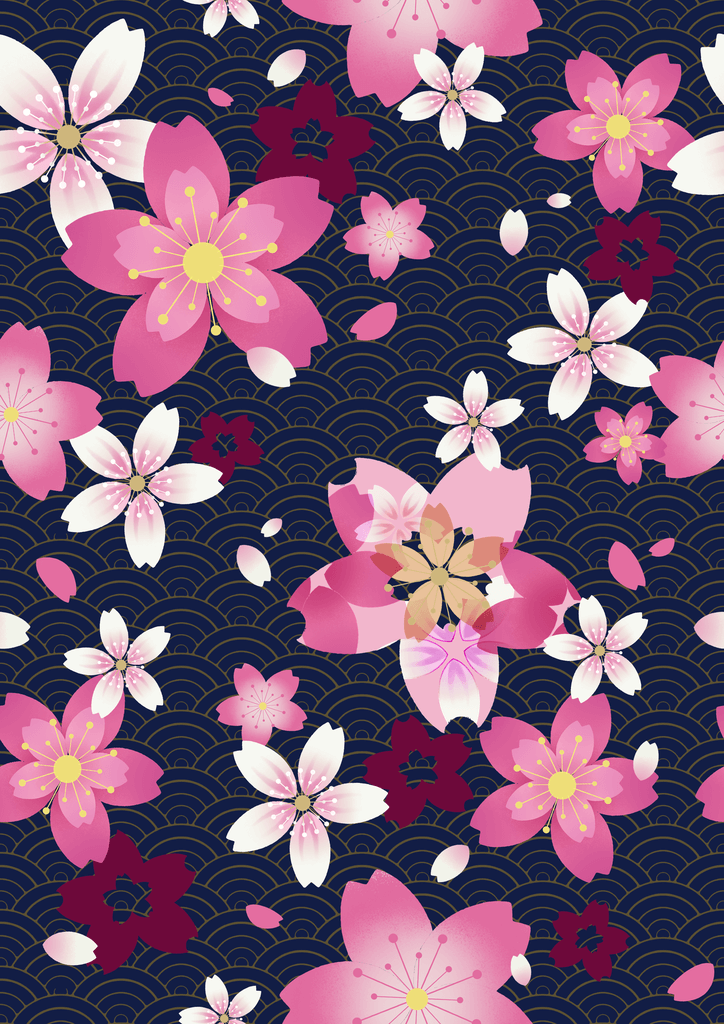 Colorful cherry blossoms on a navy background, creating a vibrant floral pattern perfect for spring decor.