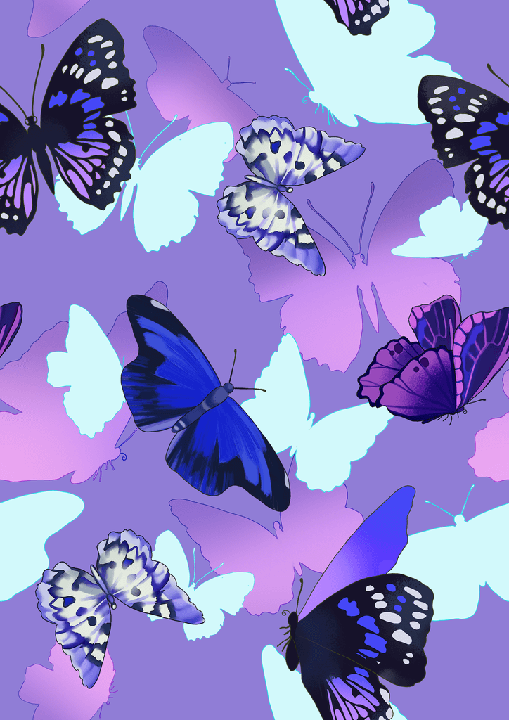Colorful butterflies in a whimsical pattern, showcasing shades of blue, purple, and white on a violet background.