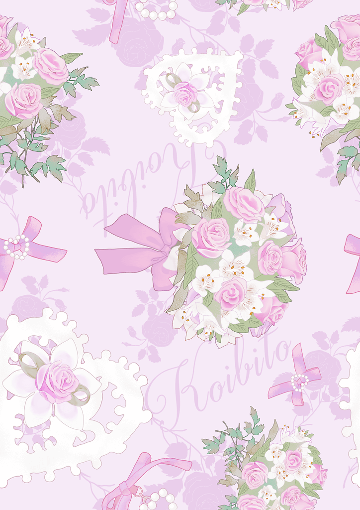 Pastel floral pattern featuring pink roses, hearts, and bows, perfect for romantic designs or vintage themes.