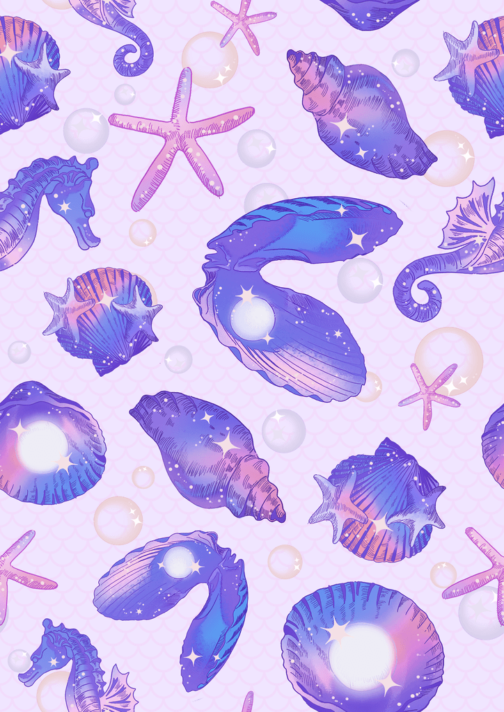 Colorful seashells and starfish pattern in purples and pinks, perfect for beach-themed decor.