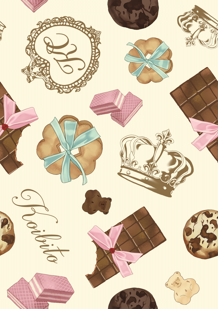 Whimsical dessert pattern featuring cookies, chocolates, and candies with decorative elements and pastel colors.