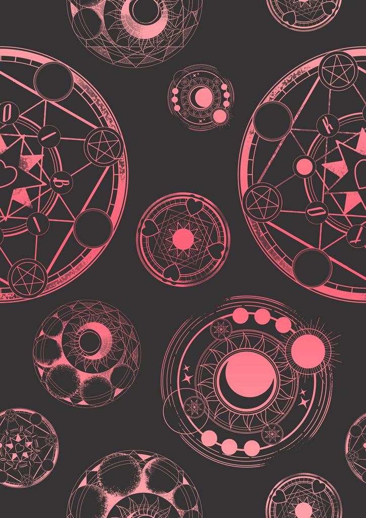Pattern of mystical symbols in pink on a dark background, featuring celestial and geometric designs.