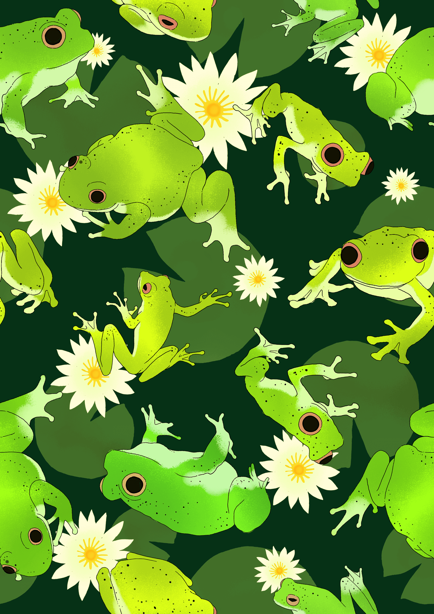 Colorful illustration of green frogs among white water lilies, set against a dark green background.