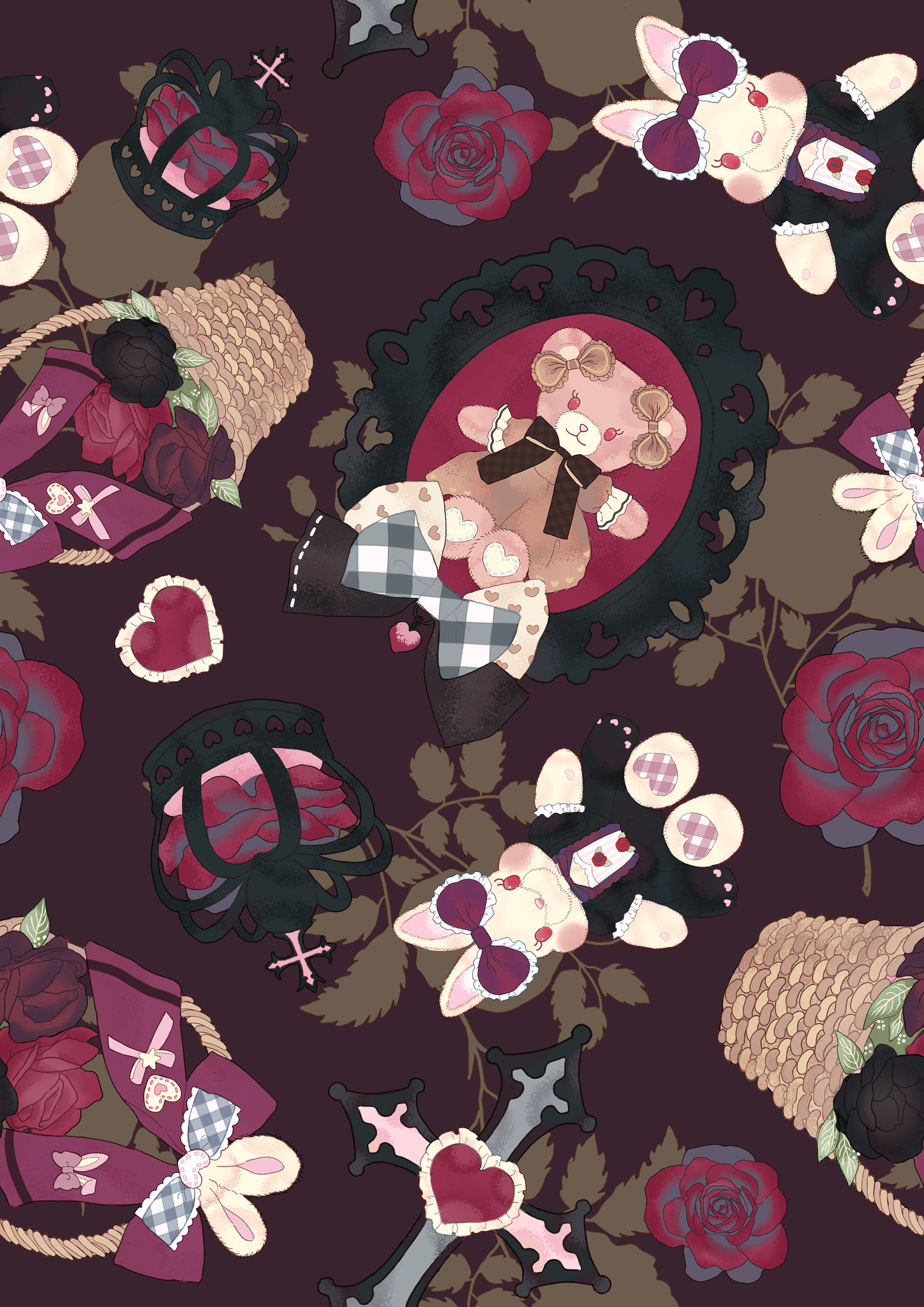 Playful collage of cute bunnies, roses, and gothic elements on a deep burgundy background.