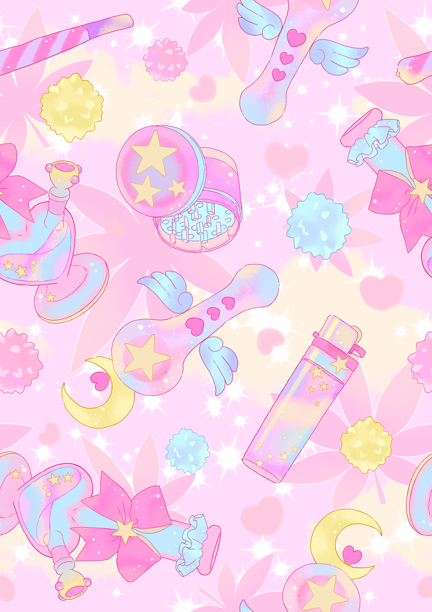 Colorful pastel pattern with magical potions, stars, and hearts on a pink background.