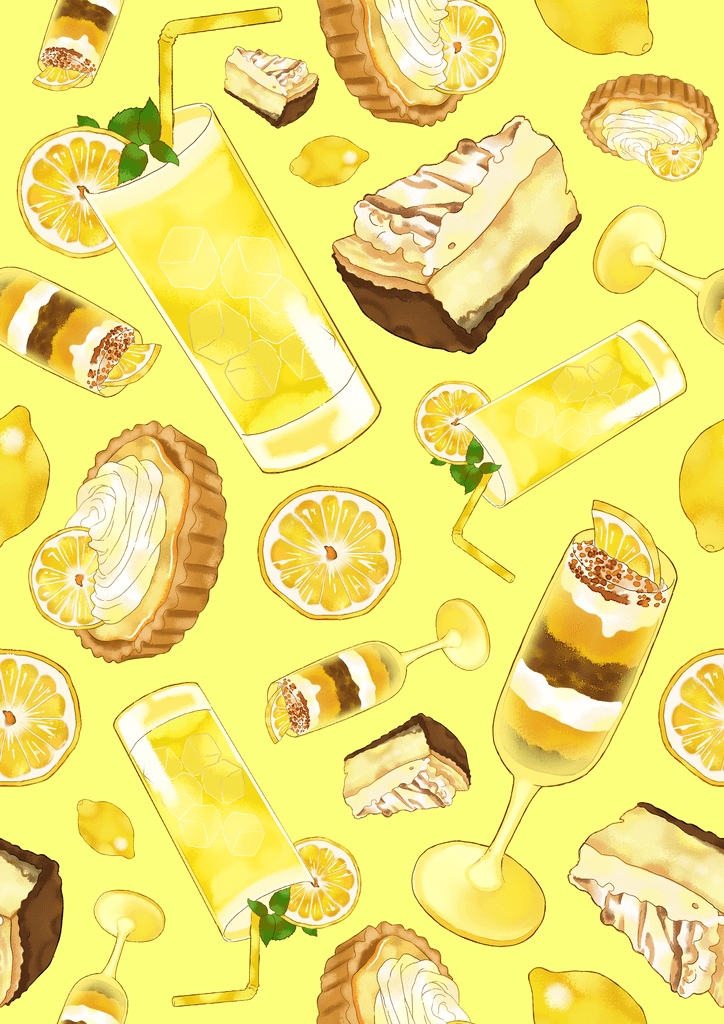 Colorful pattern of lemon desserts and drinks on a bright yellow background, evoking fresh summer vibes.