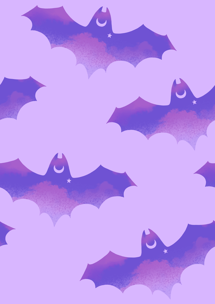 Purple bat pattern with clouds and crescent moon, perfect for Halloween decor or spooky designs.