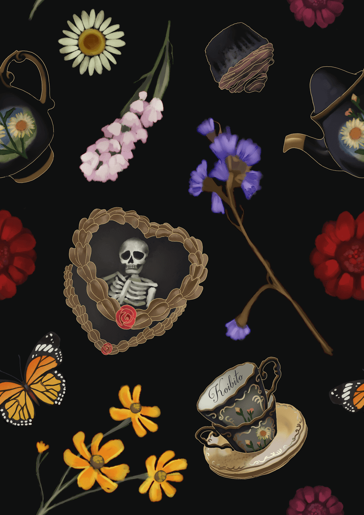 Colorful illustration featuring flowers, butterflies, teacups, and a skeleton in a heart, set against a black background.
