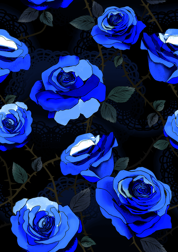 Vibrant blue roses on a black background, featuring intricate lace patterns for a stunning floral design.