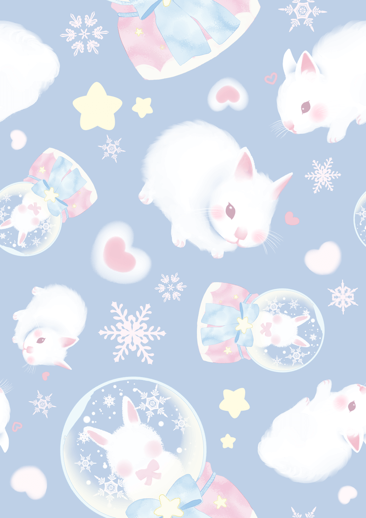 Cute pastel pattern featuring bunnies, snow globes, hearts, and stars on a soft blue background.