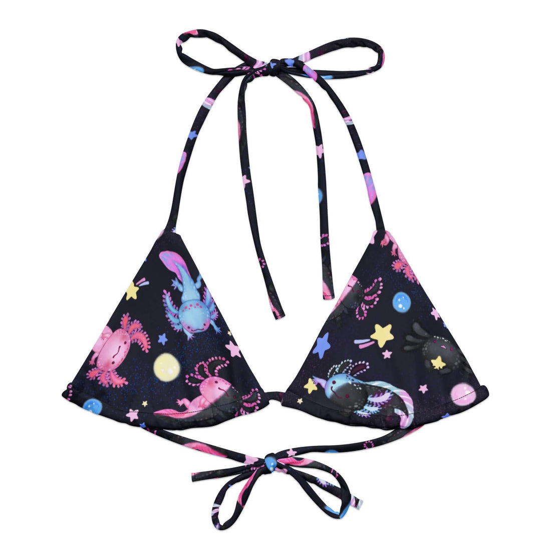 Eco-friendly Axolotl Padded String Bikini Top featuring vibrant prints and adjustable straps for summer style.