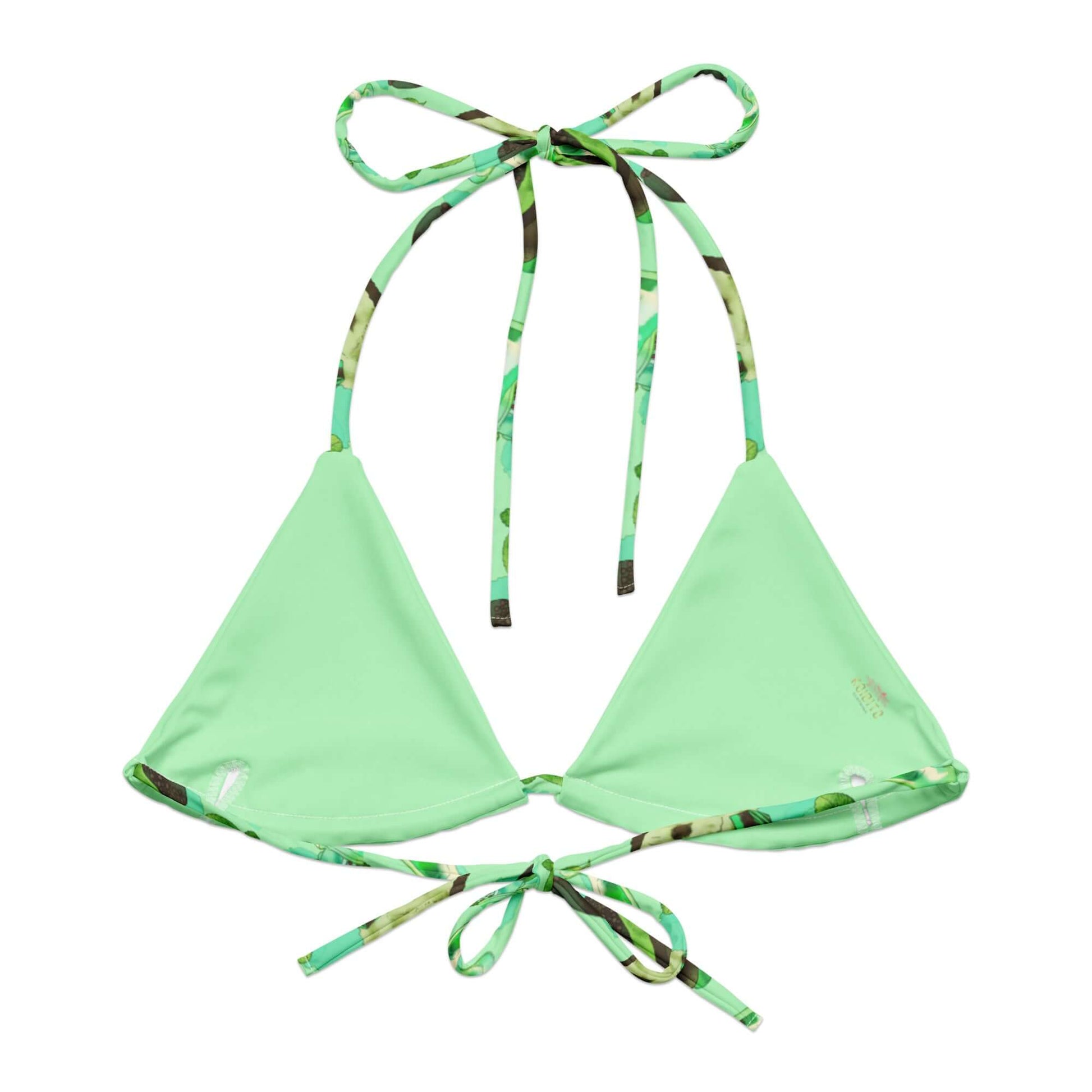 Choco Mint Padded String Bikini Top features eco-friendly fabric and stylish adjustable straps for summer fun.