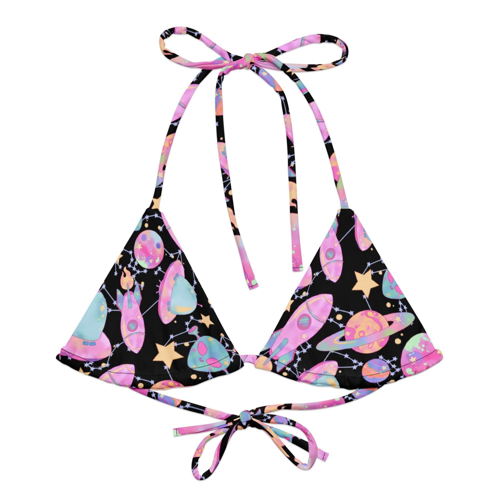Shop the Space Padded String Bikini Top, featuring a vibrant space print and eco-friendly recycled polyester for summer fun.