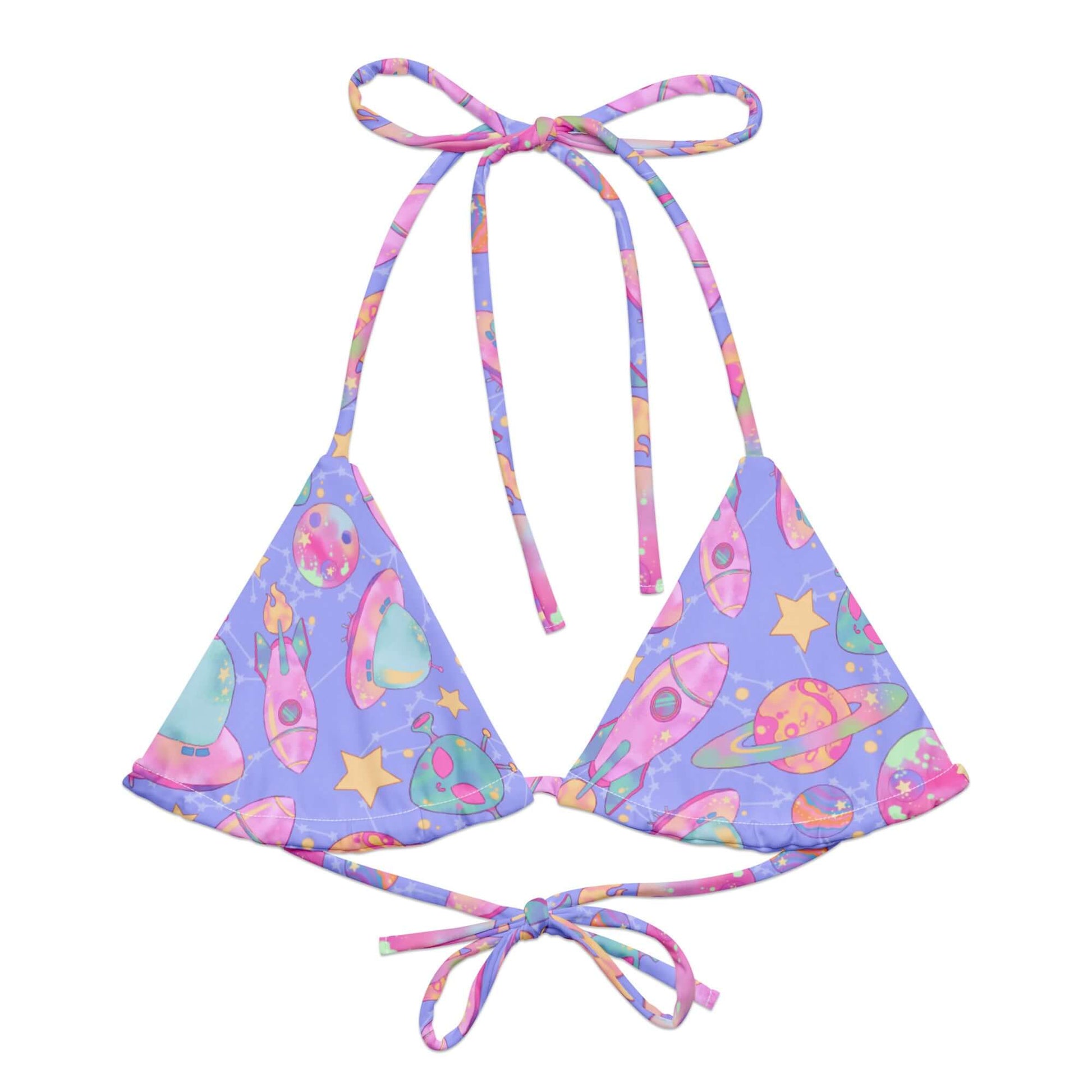 Shop the Space Padded String Bikini Top, featuring a vibrant design and eco-friendly recycled polyester for summer fun.