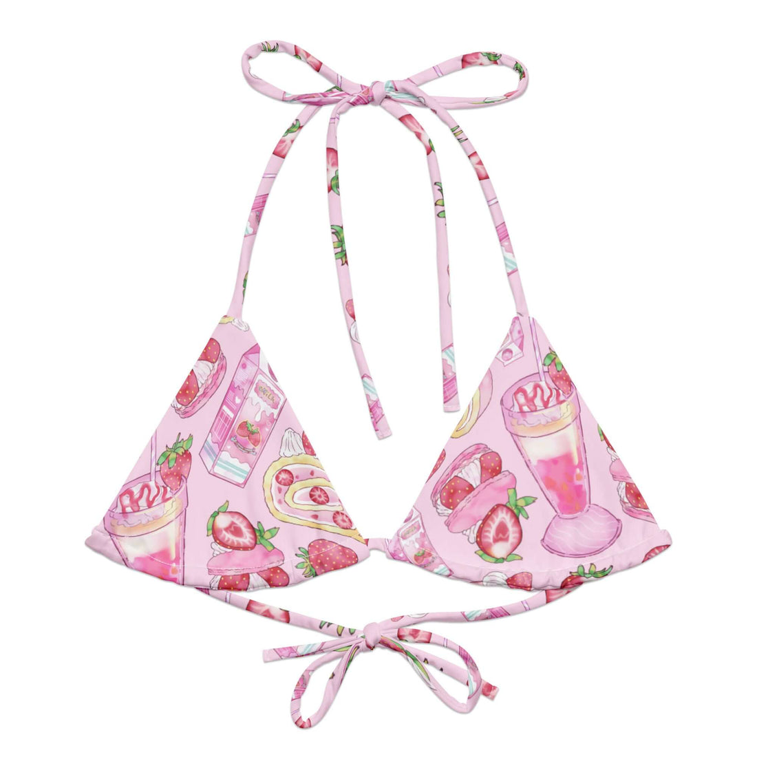 Eco-friendly Strawberry Padded String Bikini Top with stretchy straps, perfect for summer fun and stylish beach days.