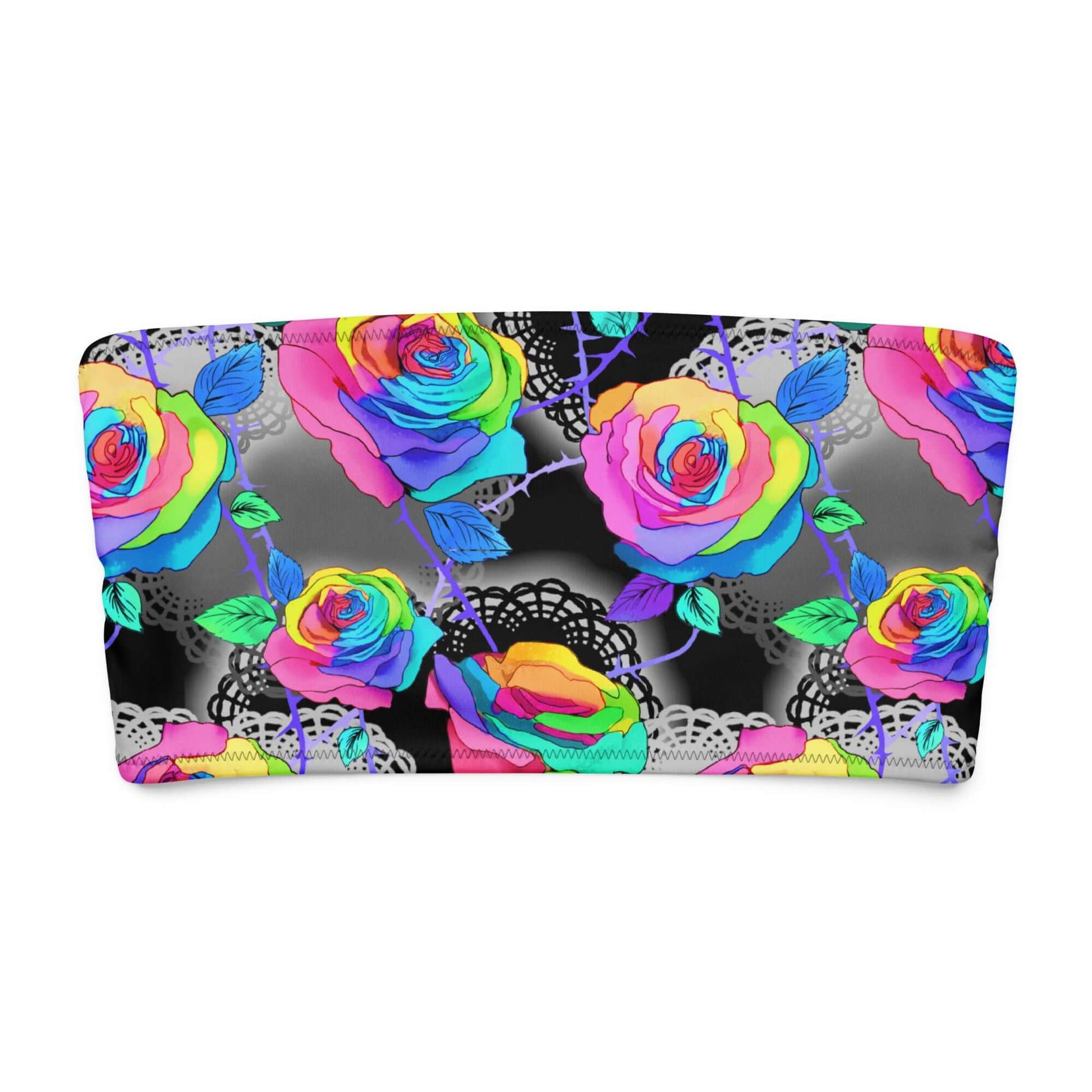Vibrant bandeau bikini top with colorful roses on a black lace background, perfect for summer lounging.
