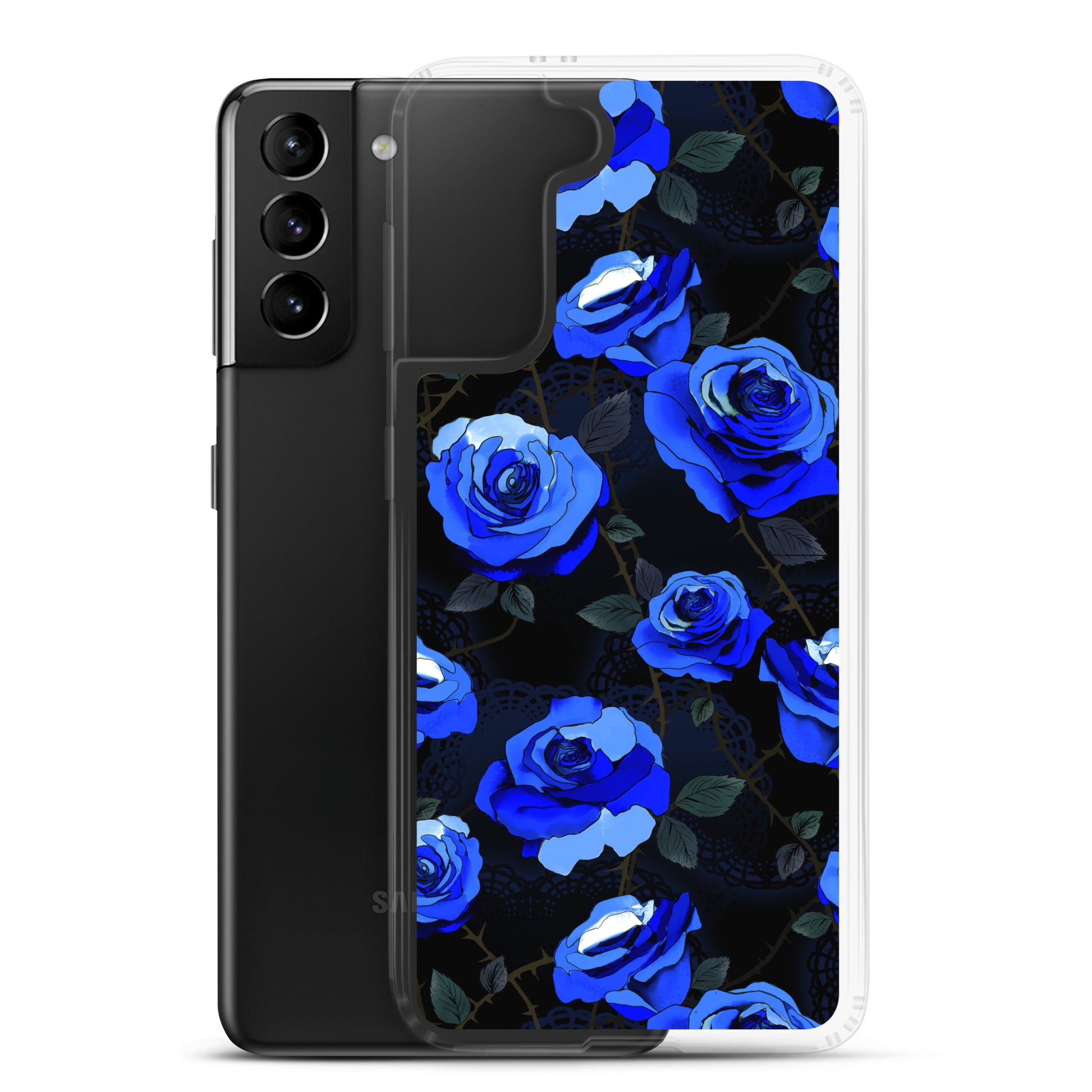Protect your phone stylishly with the Enchanted Rose Samsung® Clear Case, featuring a beautiful blue rose design.