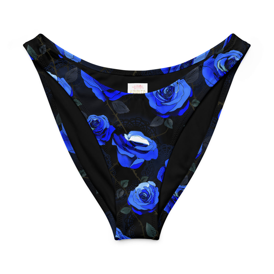 V-cut bikini bottoms in black with vibrant blue rose print, perfect for summer with UPF 50+ sun protection.