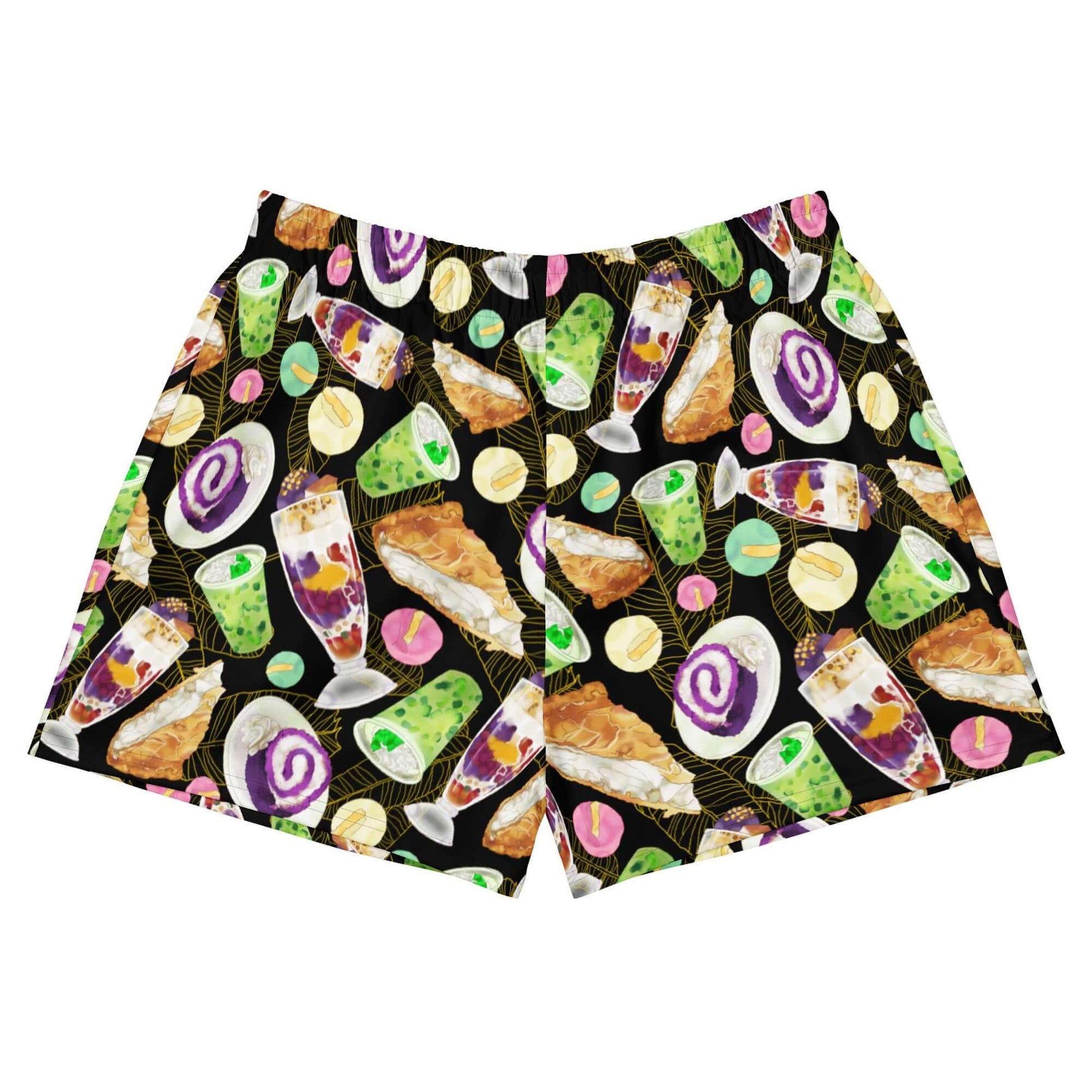 Vibrant Filipino Dessert Athletic Short Shorts, perfect for workouts and pool days, showcasing delicious dessert designs.