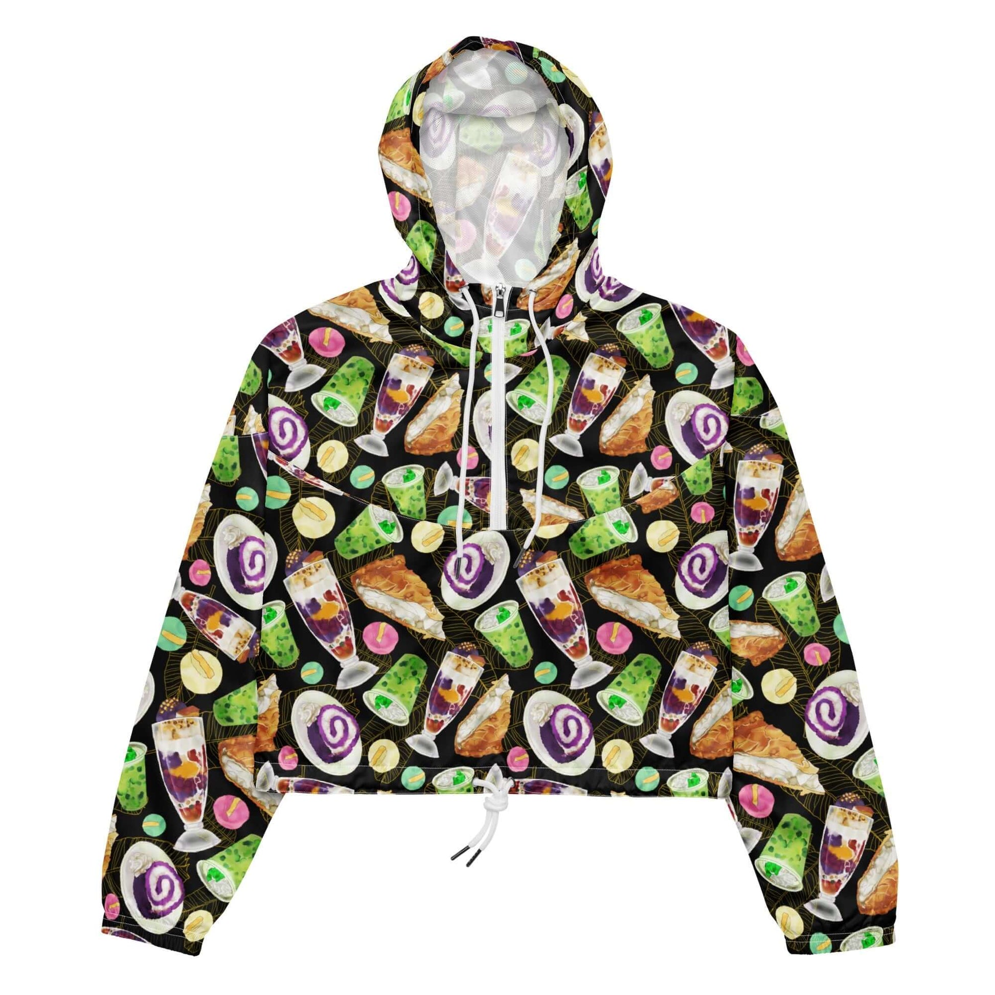 Vibrant Filipino Dessert cropped windbreaker showcasing classic sweets like halo-halo and buko pandan, perfect for stylish wear.