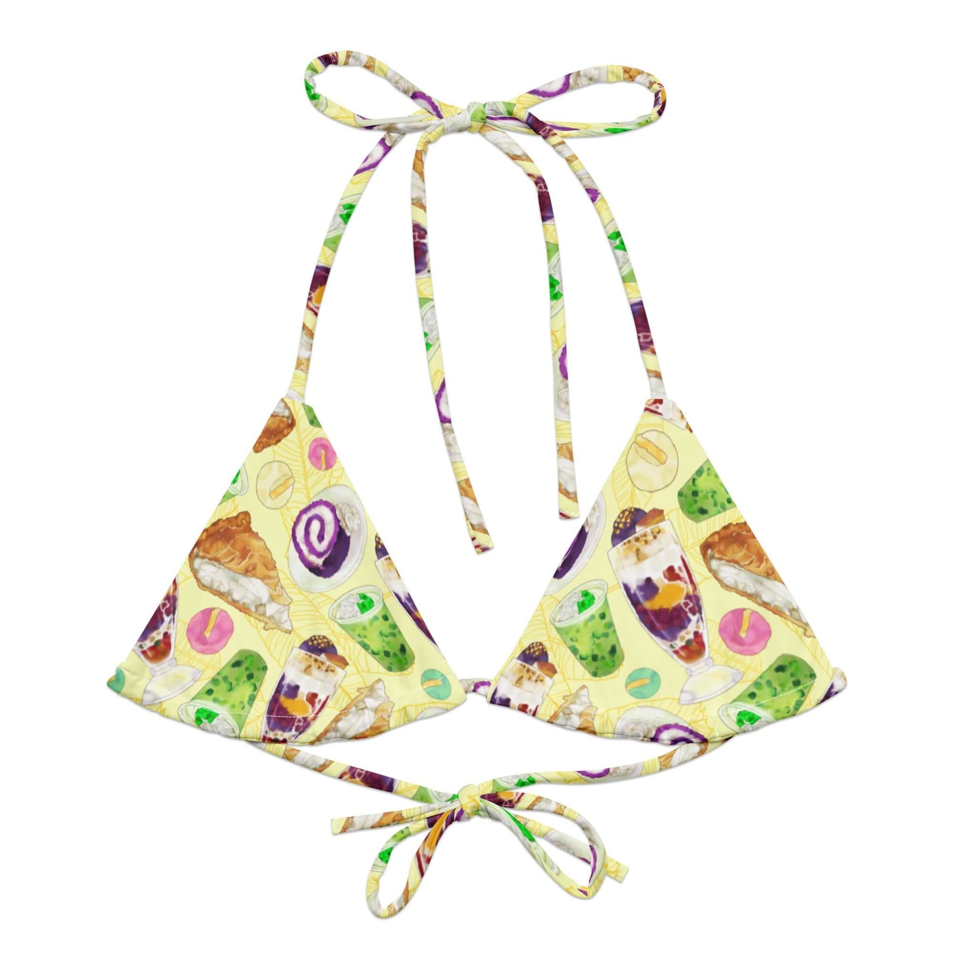 Vibrant Filipino Dessert Padded String Bikini Top features playful prints inspired by Philippines' sweet treats.