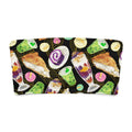 Colorful bandeau bikini top featuring Filipino dessert patterns like halo-halo and leche flan on a black background.