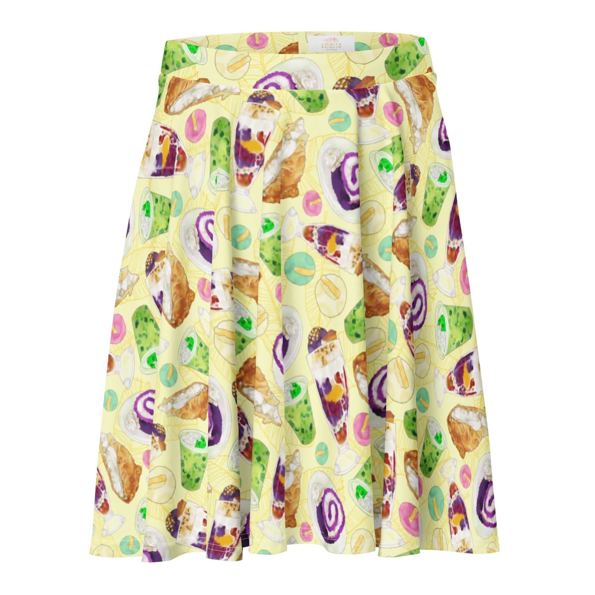 Bright and playful Filipino Dessert Skater Skirt featuring vibrant prints of classic Filipino treats. Perfect for any occasion!