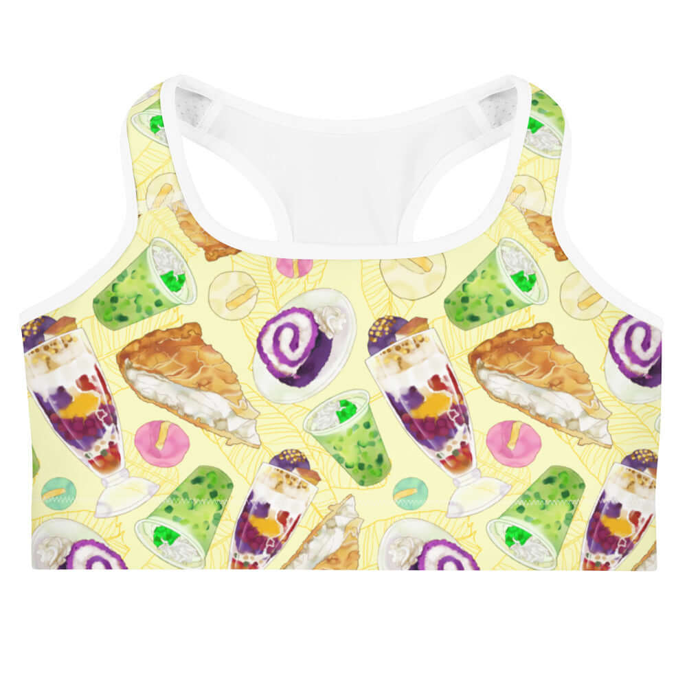 Stylish Filipino Dessert Sports bra featuring vibrant patterns inspired by favorite Filipino sweets. Perfect for workouts!