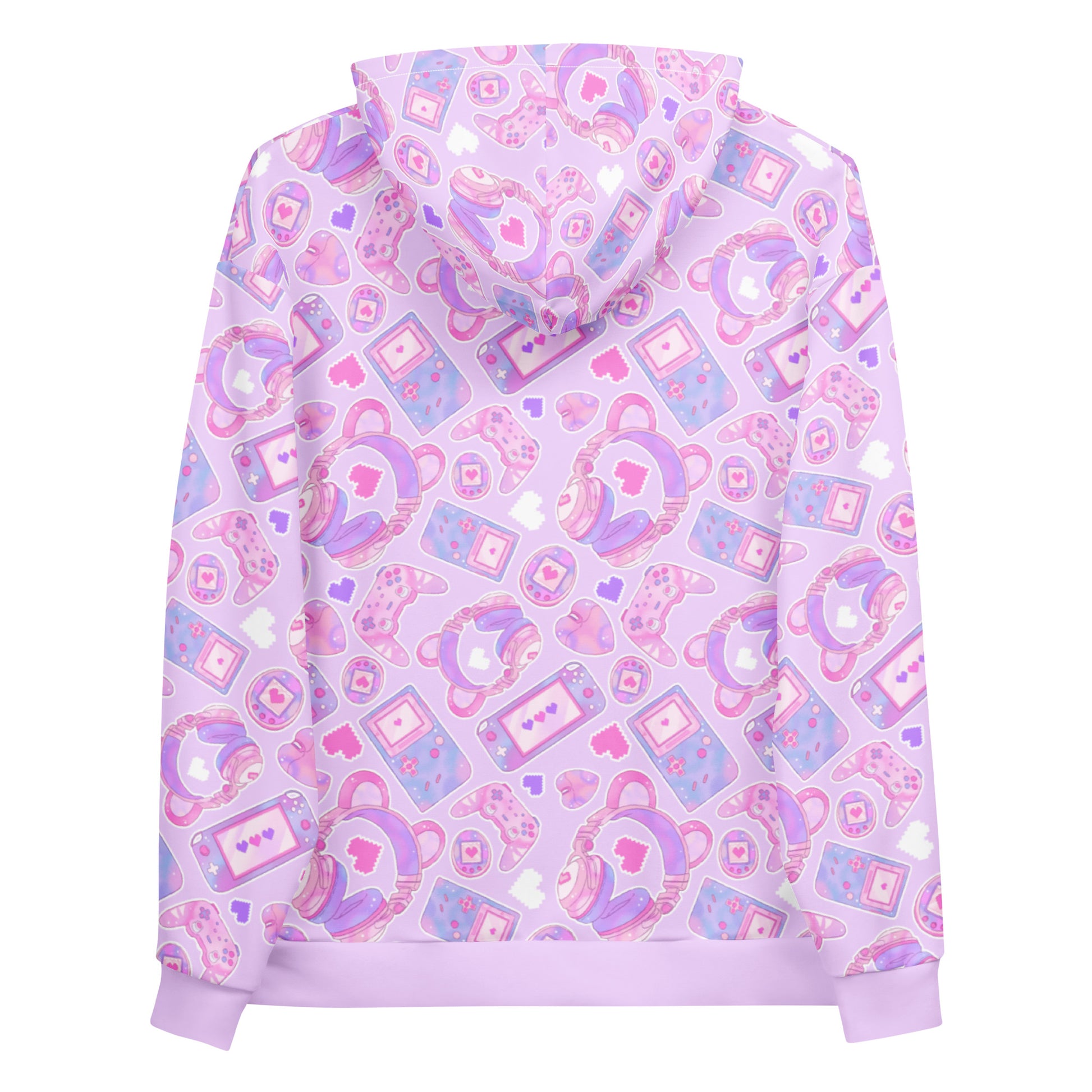 Gamer Girl Hoodie featuring a pastel design with bear ear headphones, gaming mice, and consoles on a lavender background.