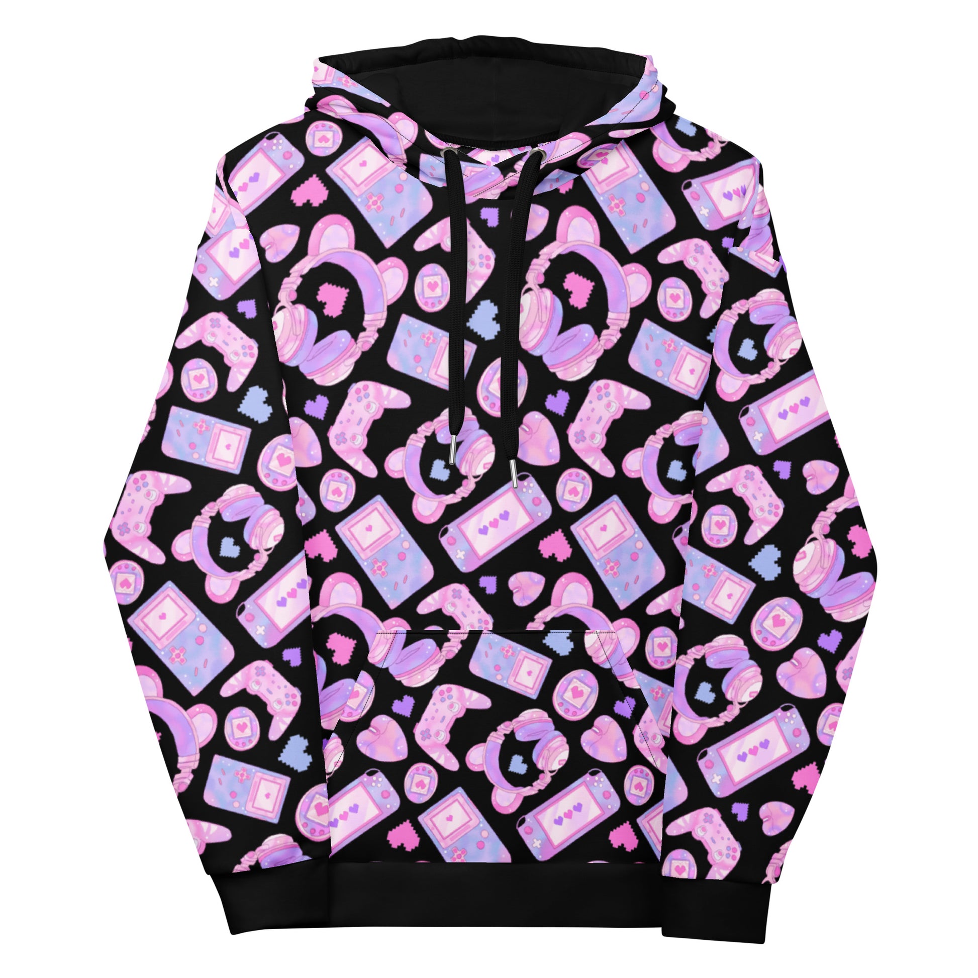 Gamer Girl Hoodie featuring a pastel pixel design with bear ears, gaming mice, and tamagotchis in pink and purple.