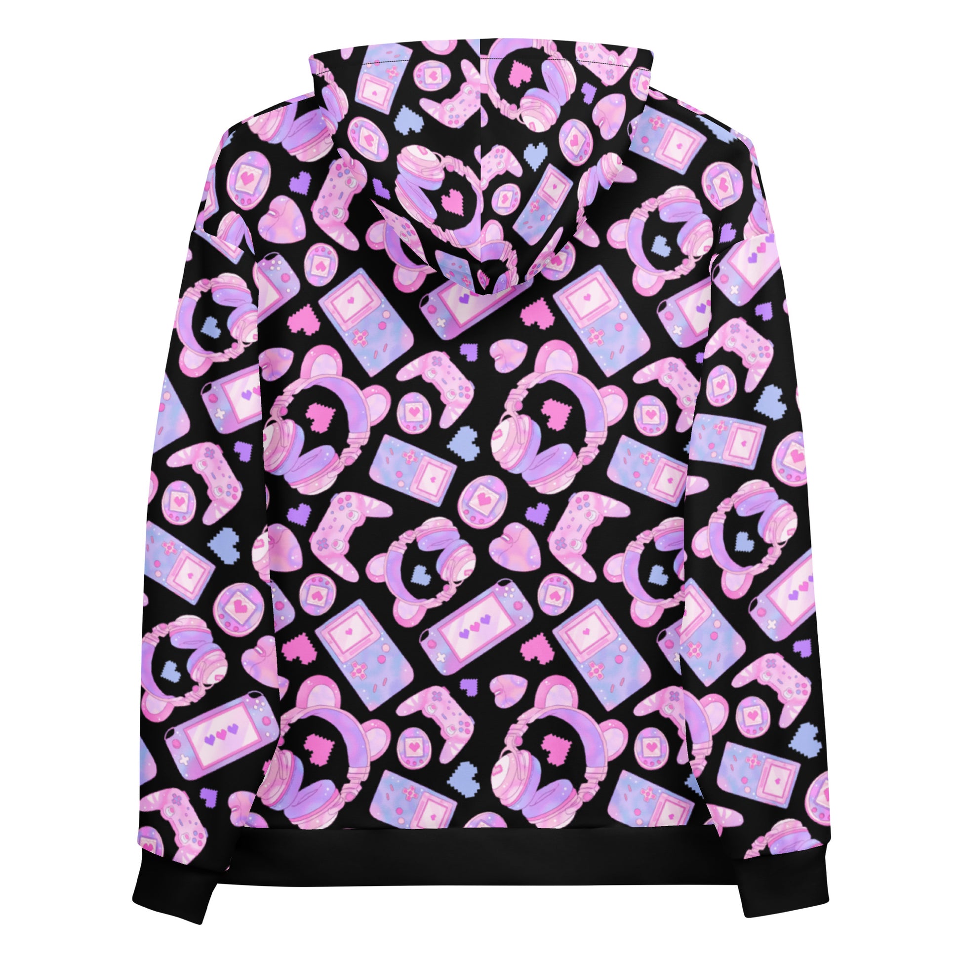 Back view of Gamer Girl Hoodie with pastel gaming designs, including bear headphones, consoles, and tamagotchis on a black background.