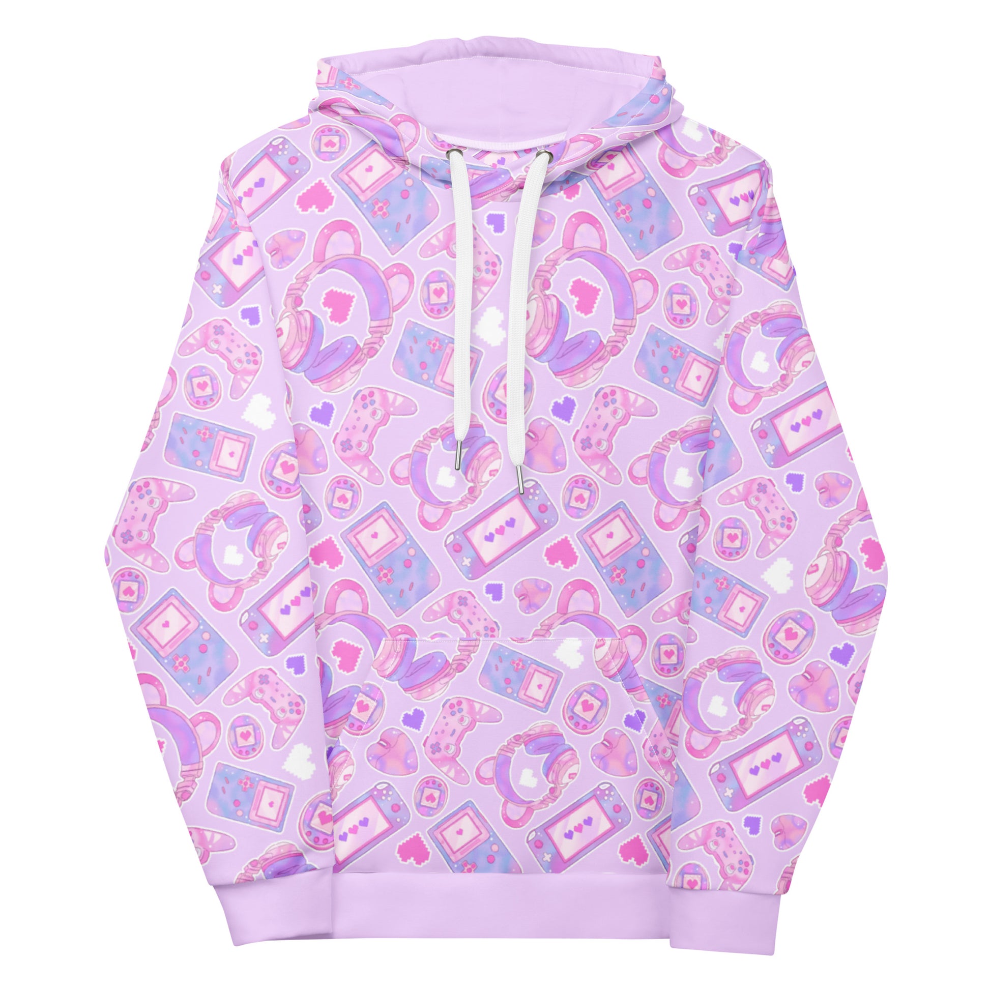 Pastel Gamer Girl Hoodie featuring bear ears, gaming icons, and playful designs in pink and purple tones.