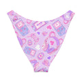 Gamer Girl V-cut bikini bottom in pastel purple with fun gaming-themed prints including controllers and hearts.
