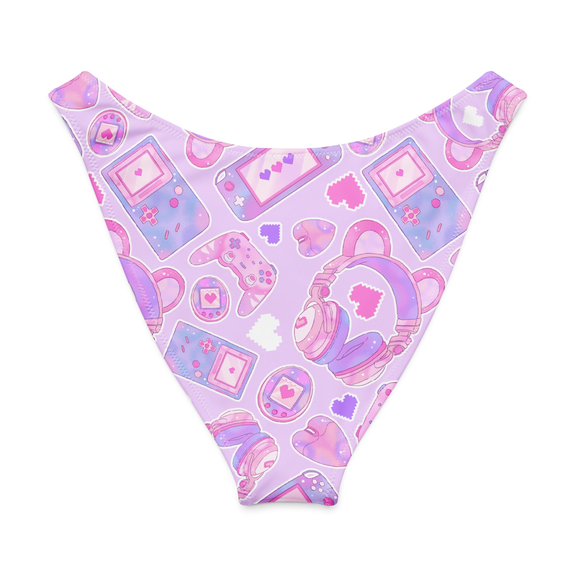 Gamer Girl V-cut bikini bottom in pastel purple with fun gaming-themed prints including controllers and hearts.