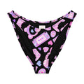 Gamer Girl V-cut bikini bottom featuring playful video game and heart patterns in pink on a black background.
